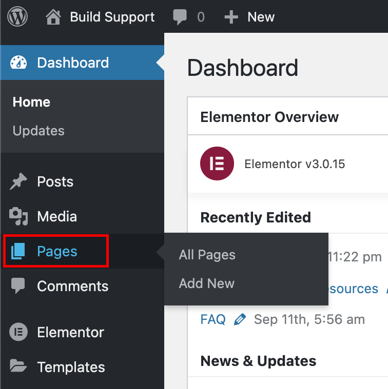 Screenshot of the WordPress main navigation with the 'Pages' button highlighted in red.